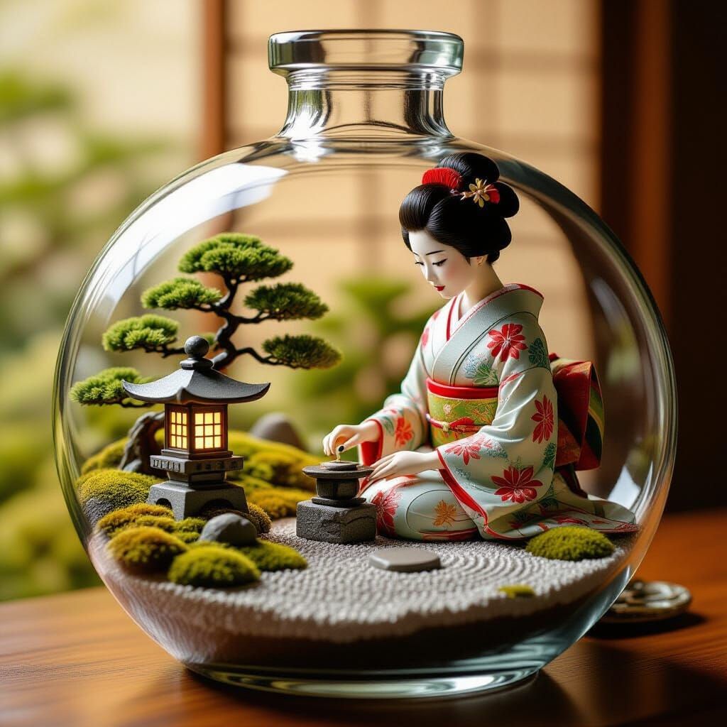 Miniature Japanese Tea Garden Diorama in Glass Bottle