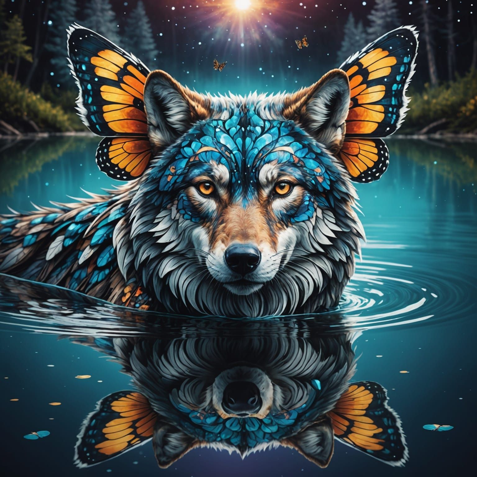 Wolf with Butterfly Wings in Cosmic Lake