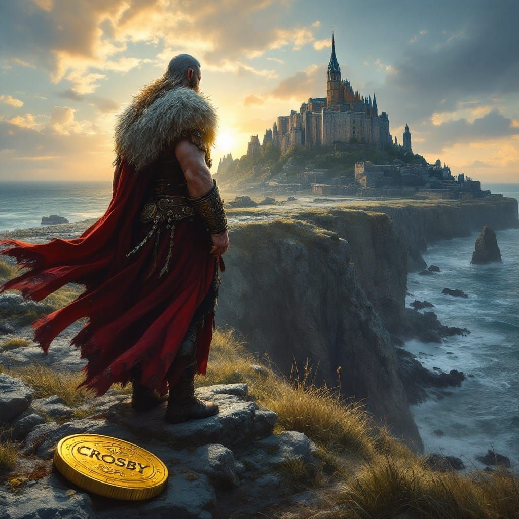 Viking Warrior on Normandy Coast with Gold Coin Crosby