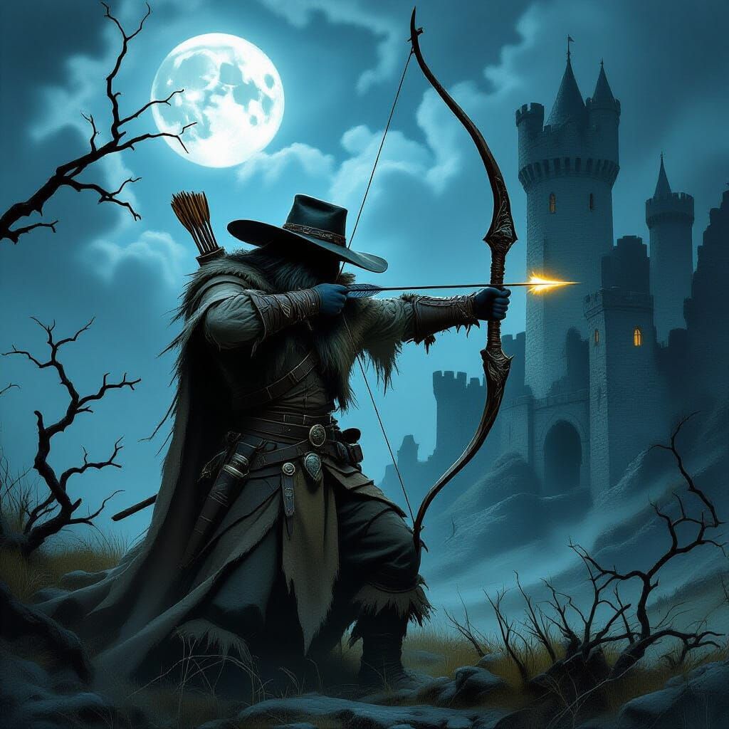 Spectral Huntsman at Ruined Castle Under Moonlight