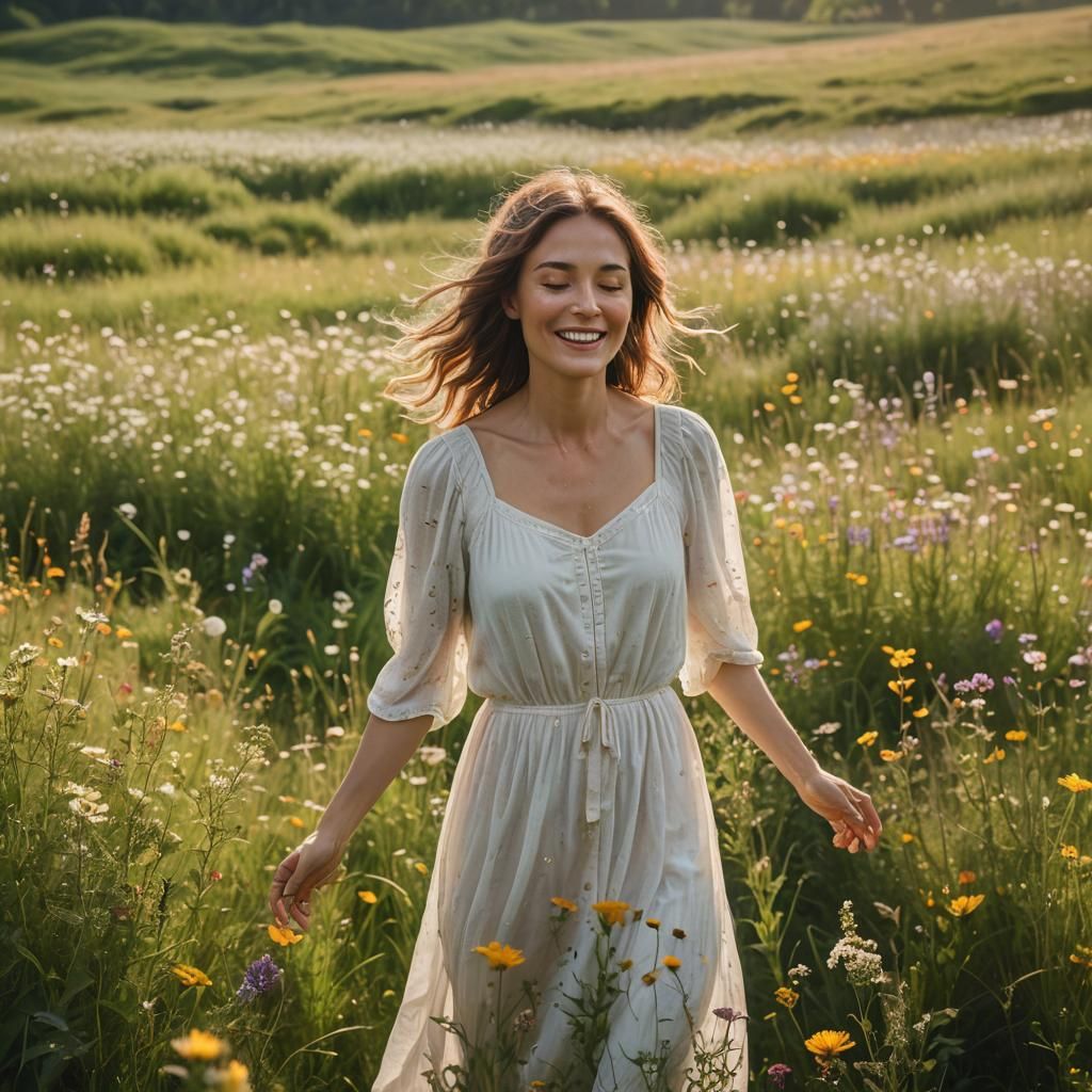 Woman Embracing Nature in Serene Meadow Photography