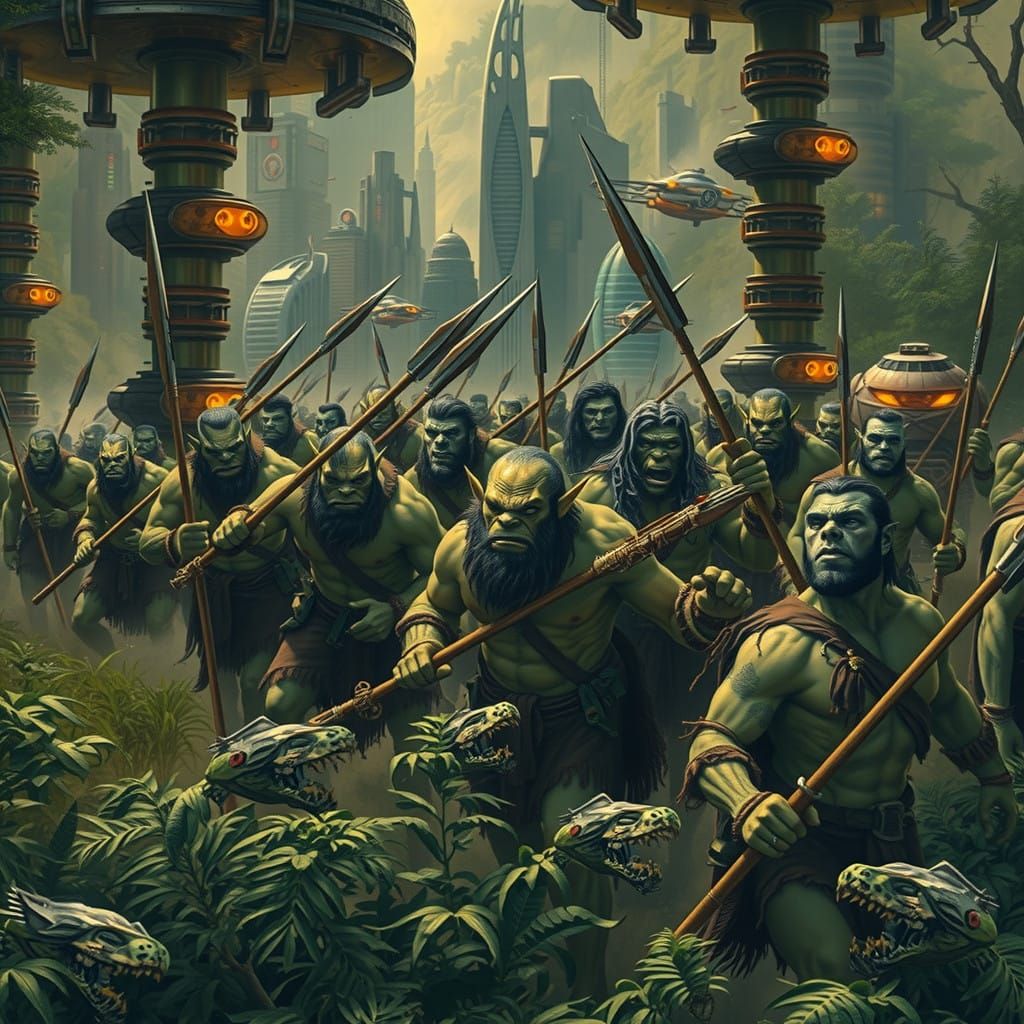 Surreal Future Encounter: Ancient Orcs Meet Neon Jungle Metr...