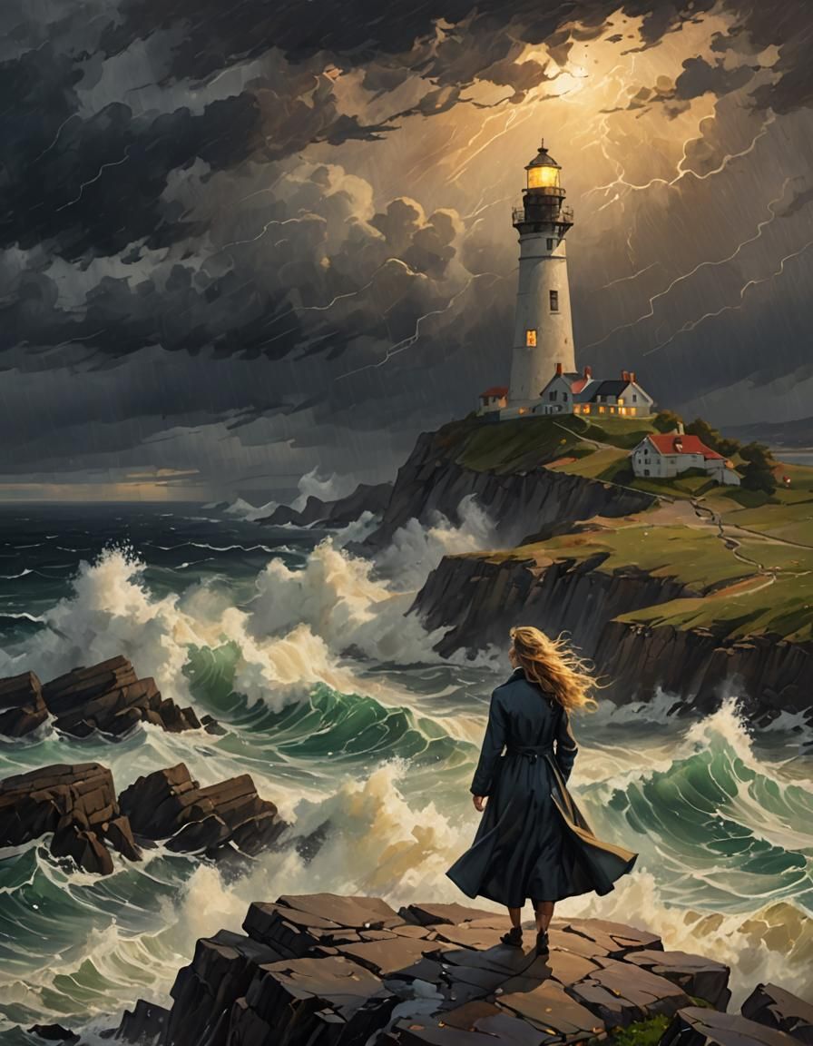 Lighthouse Keeper Stands Against Stormy Seas