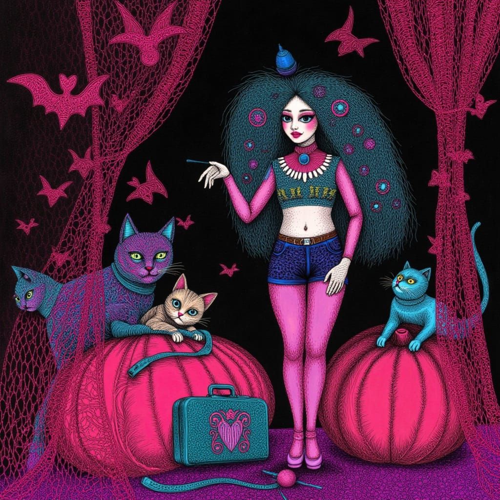 Woman with Cats in Eclectic Theater with Bats and Pumpkins