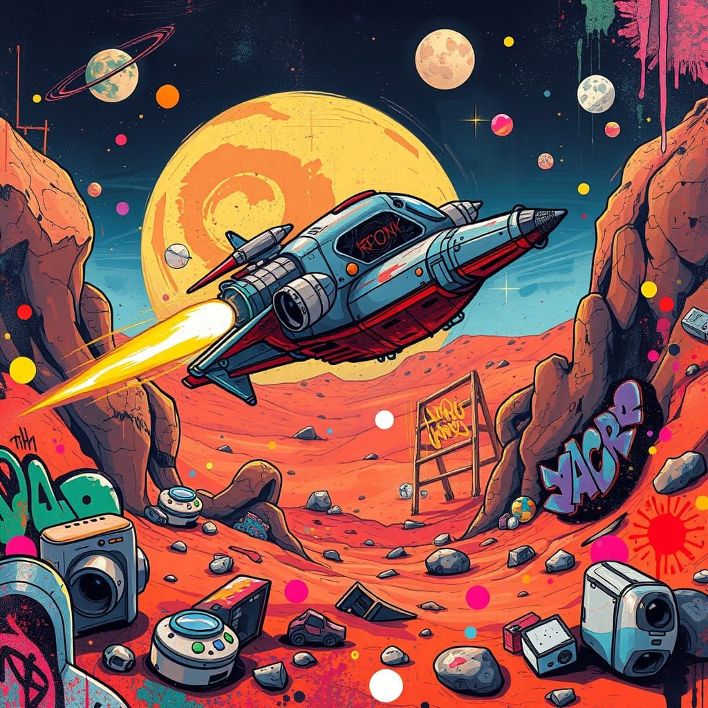 Cartoon Spacecraft Landing on Mars as Splash Art