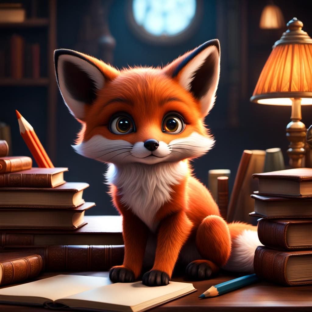 Adorable Fox Pup with Huge Eyes, Detailed Matte Painting