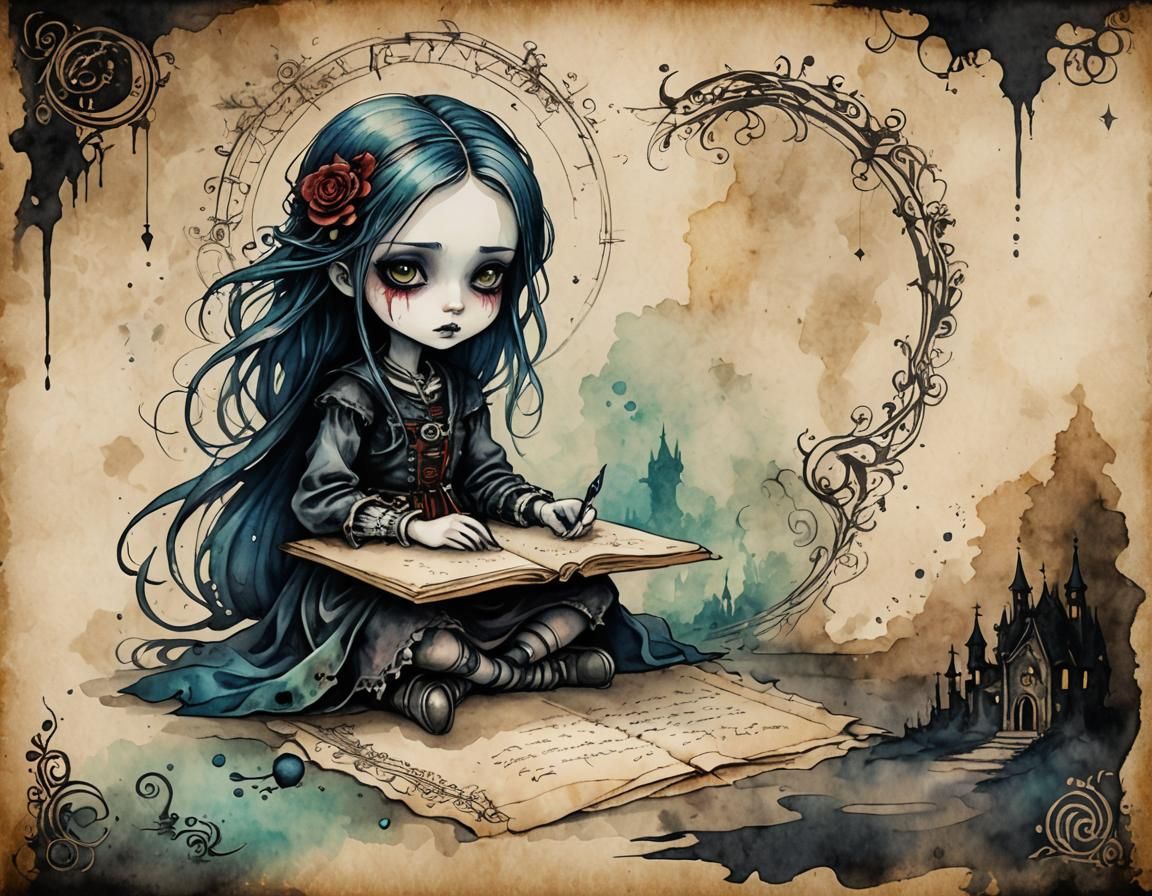 Gothic Chibi Girl on Parchment in Watercolor Style