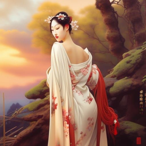 Japanese Woman in Kimono Under Cherry Blossoms