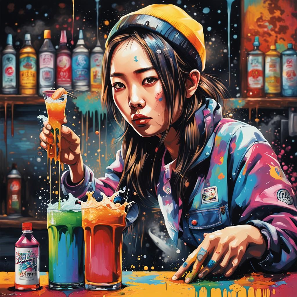 Colorful Korean Bartender in Graffiti Art Style