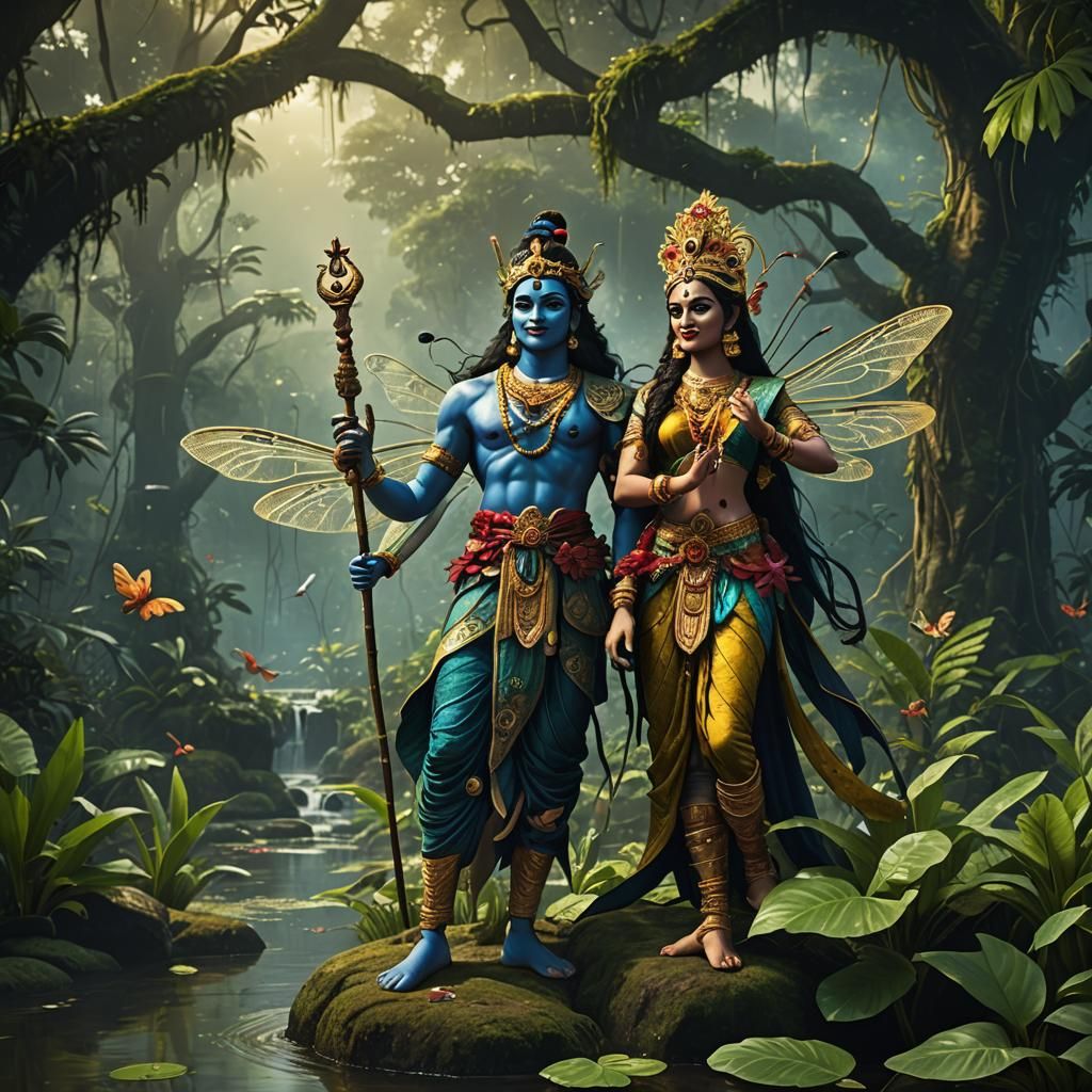 Radha Krishna in Amazon: Detailed Fantasy Art