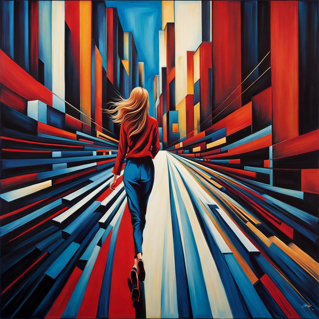 Woman in Cityscape with Fiery Colors