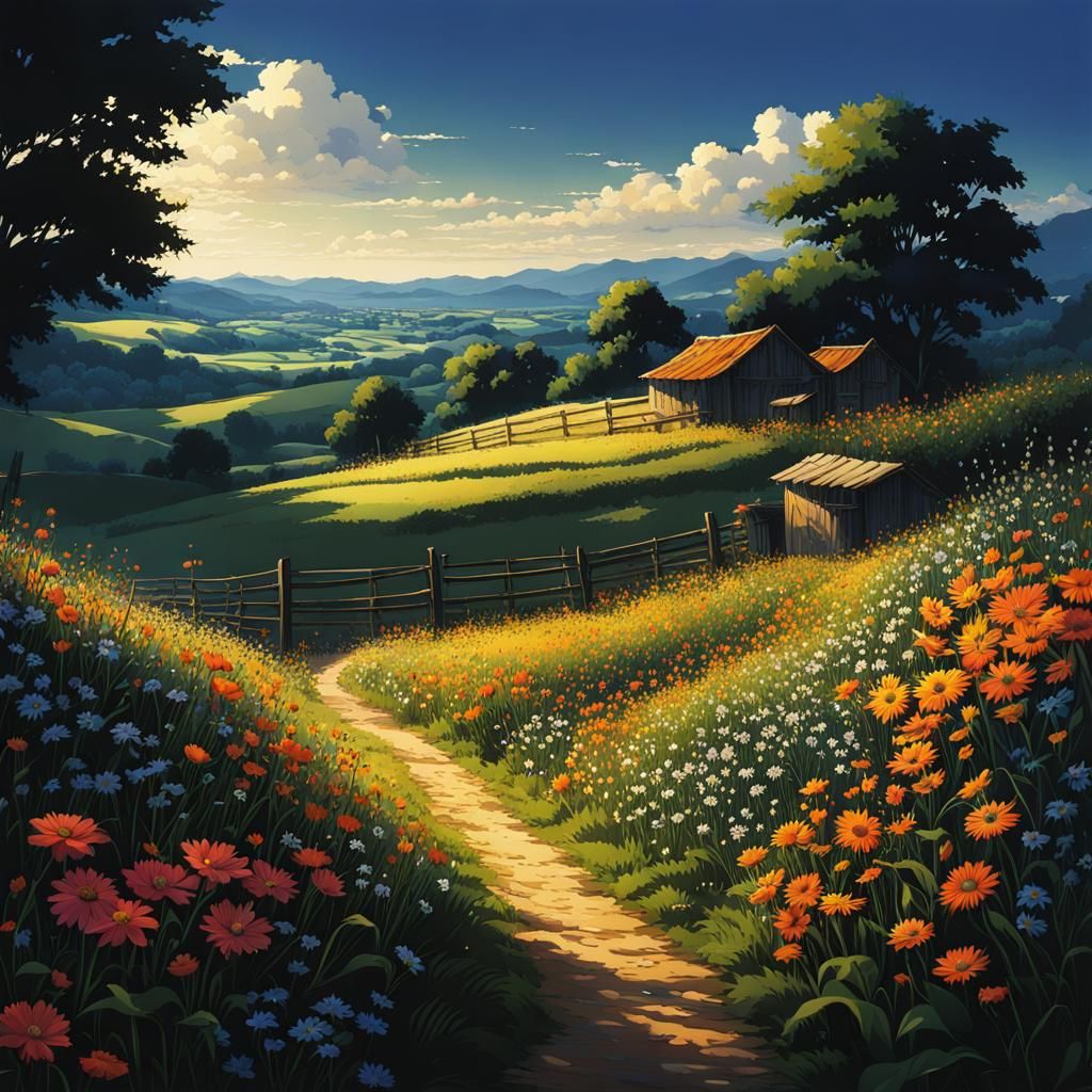 Anime Countryside Scene in Chiaroscuro Style