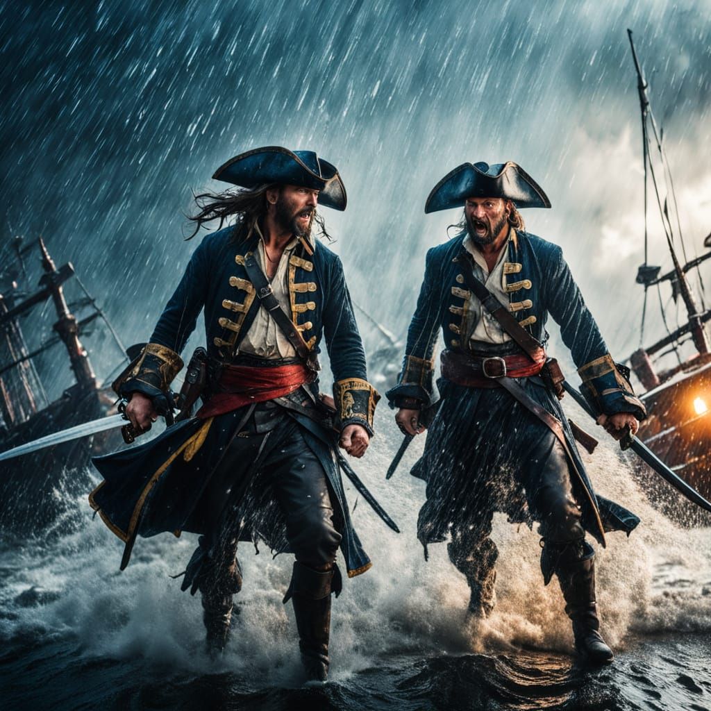 Pirate Captains Engage in Epic Sword Clash Under Heavy Rain