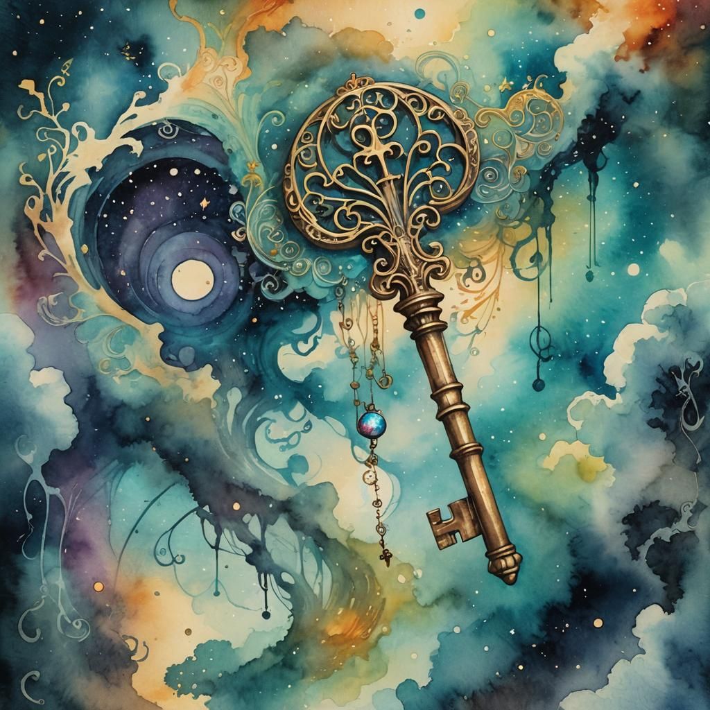 Surreal Watercolor Skeleton Key to the Unknown