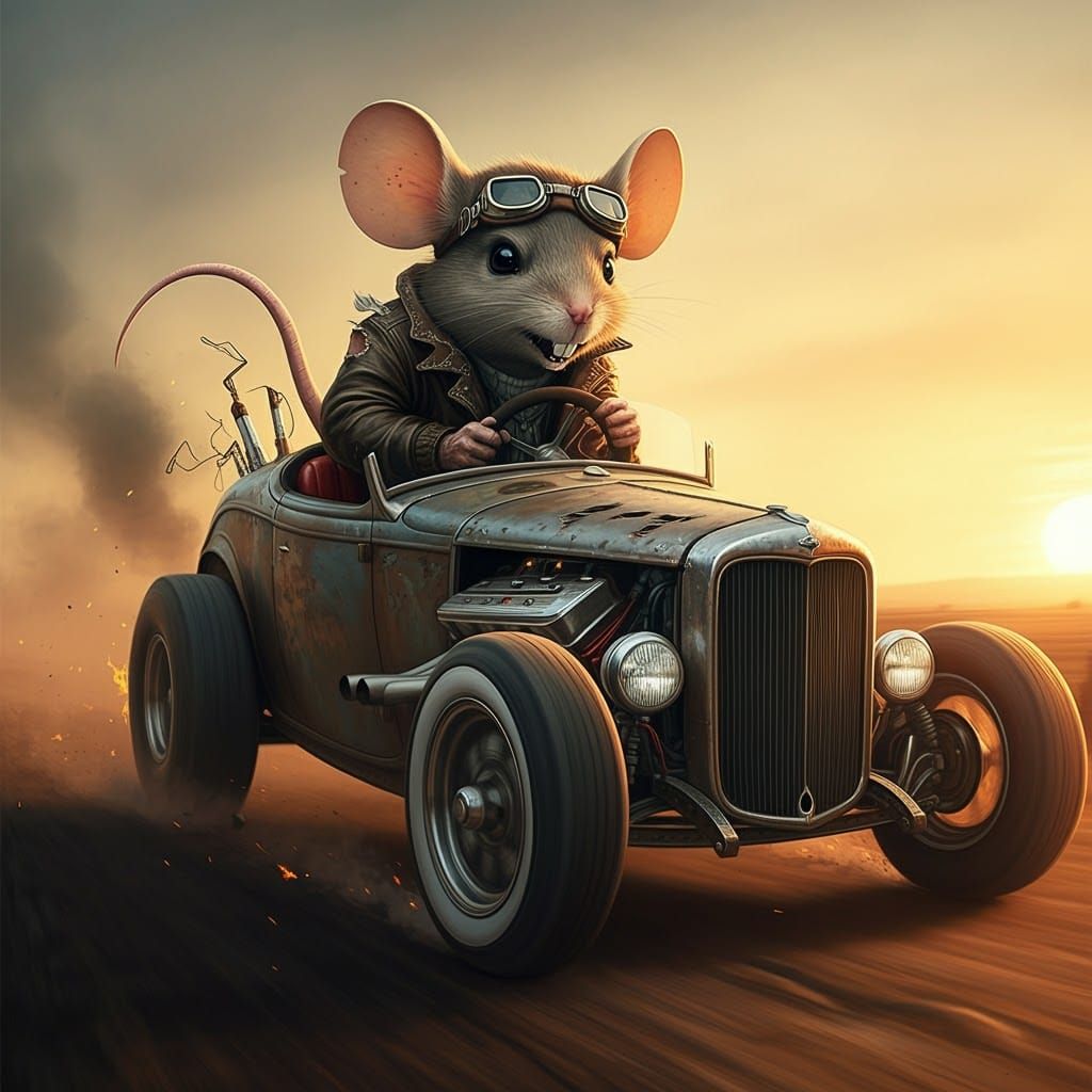 Frenzied Mouse Drives Hot Rod in Comic Book Style