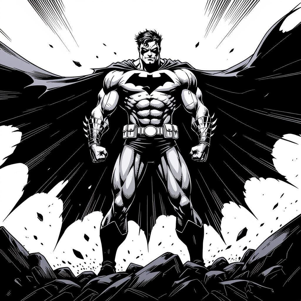 Superhero Stands Tall After Battle in Black and White Ink St...