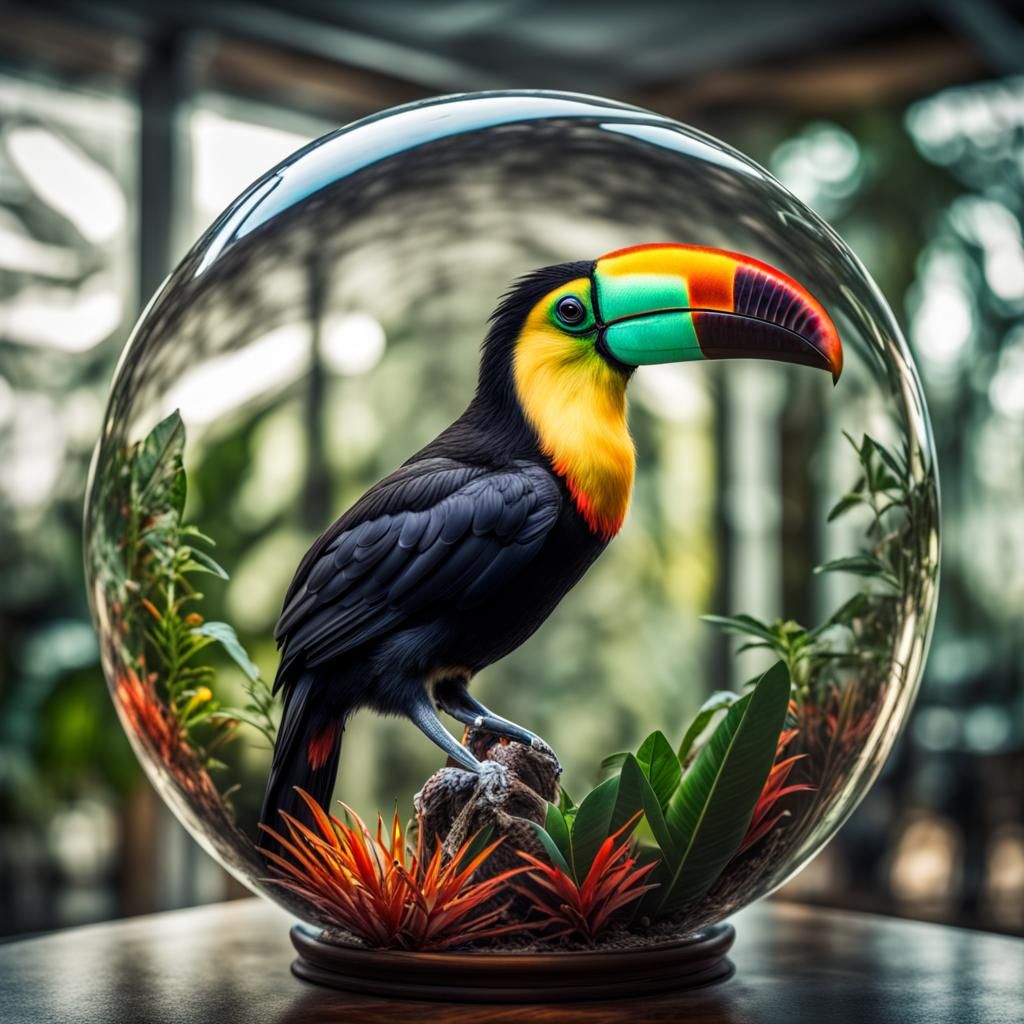 Toucan in Glass Sphere: Hyperrealistic Natural Habitat