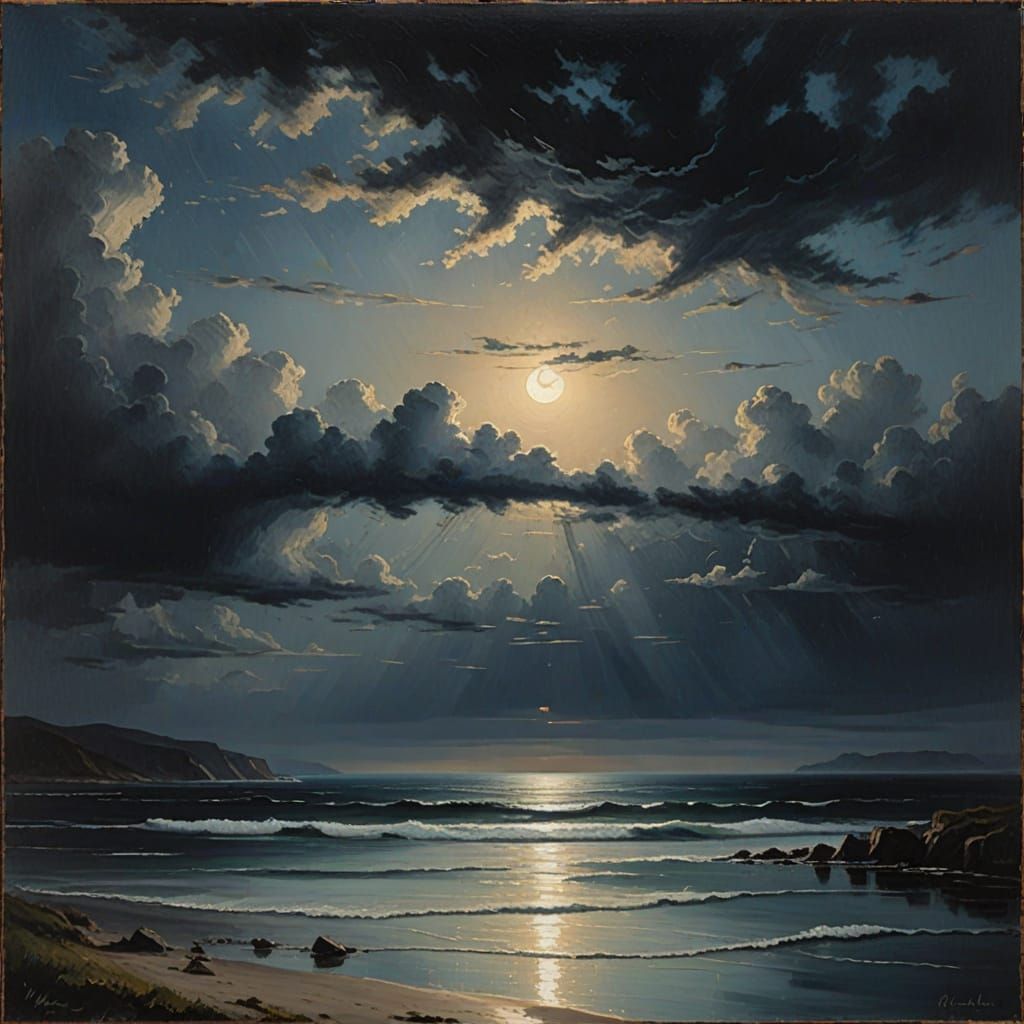 Tonalist Seascape Painting of Moody Evening Sky