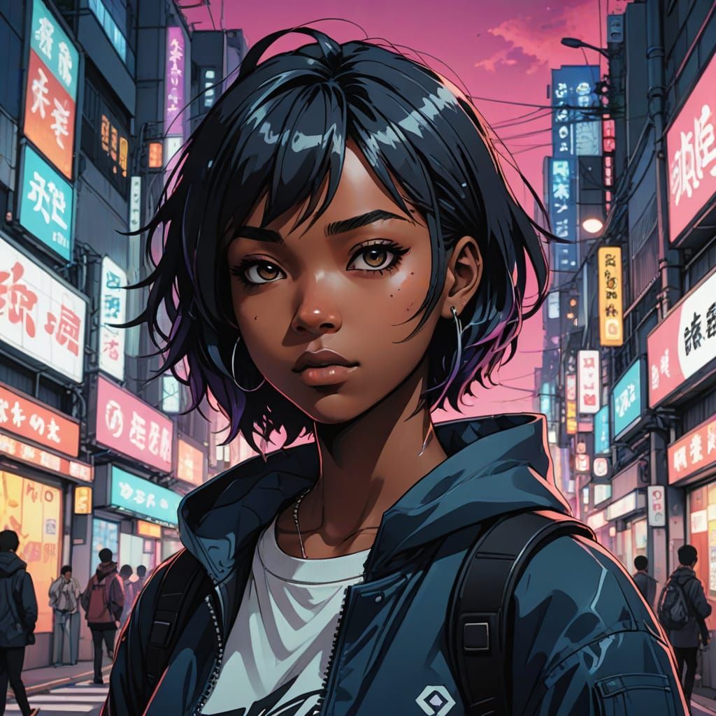 Vibrant Tokyo Nightscape with Emo College Girl