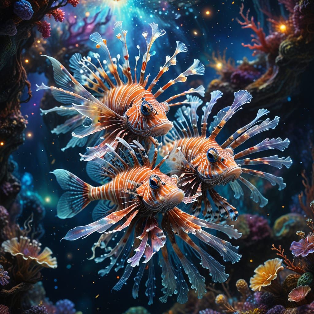 Lionfish Hybrids Dance in Dreamlike Underwater Scene
