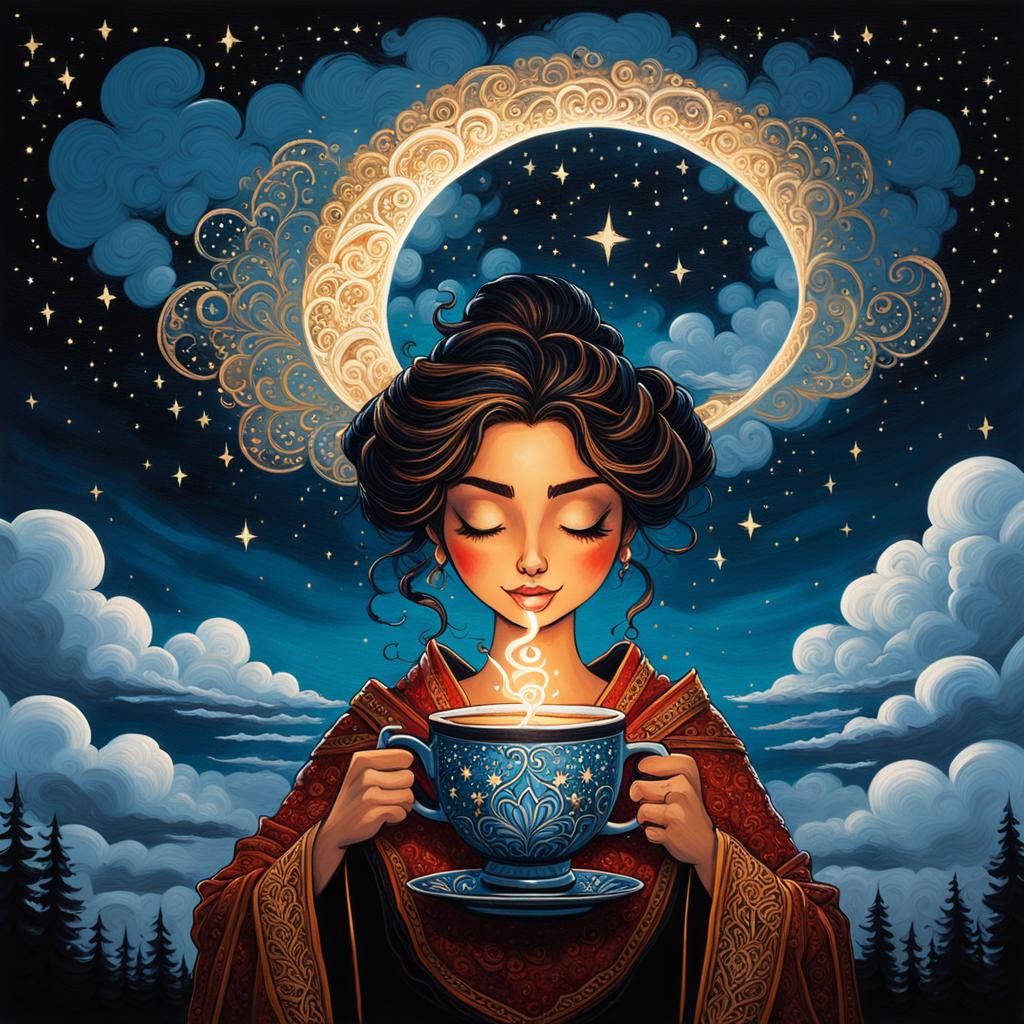 Woman with Chai Tea Under Starry Sky Acrylic Painting