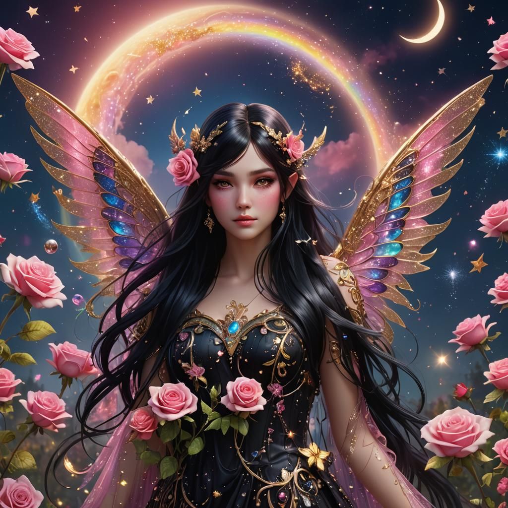 Rose Fairy with Glittering Wings and Rainbow Sparkles