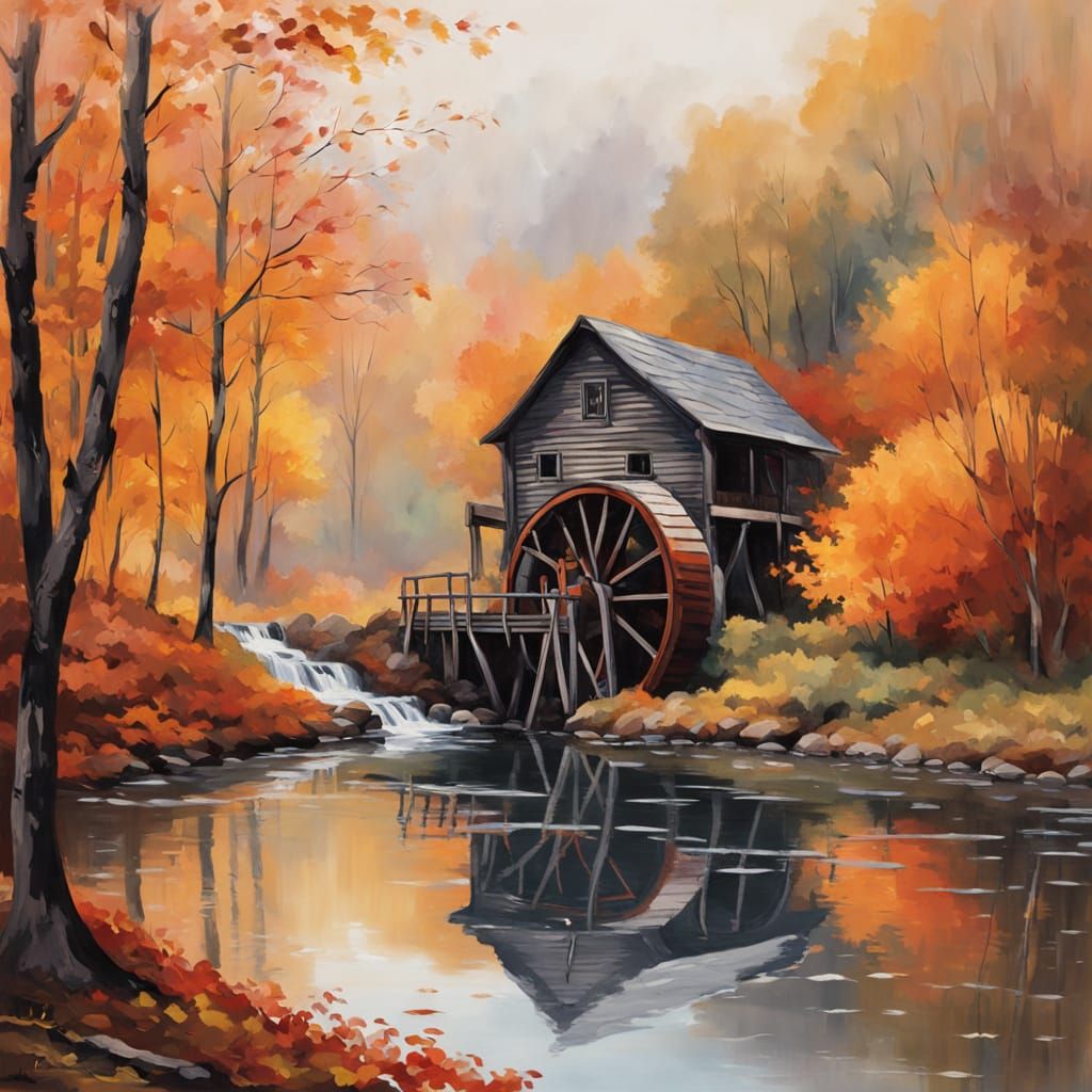Impressionist Autumn Mill Scene in Soft Golden Light