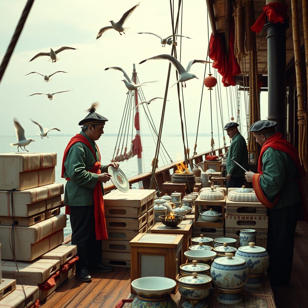 Merchants Trade Silk and Porcelain on Chinese Junk Ship