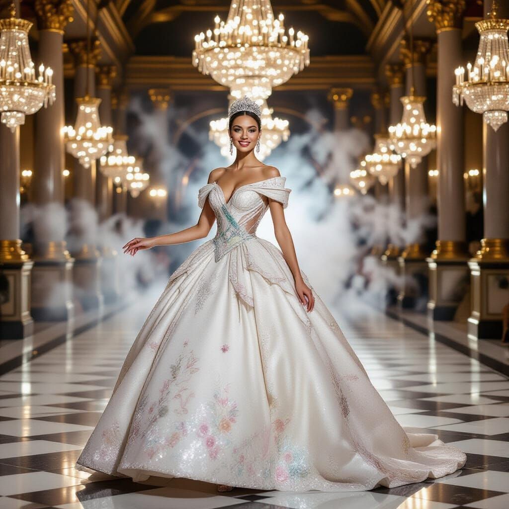 Princess in Jewel-Adorned Gown in Opulent Ballroom