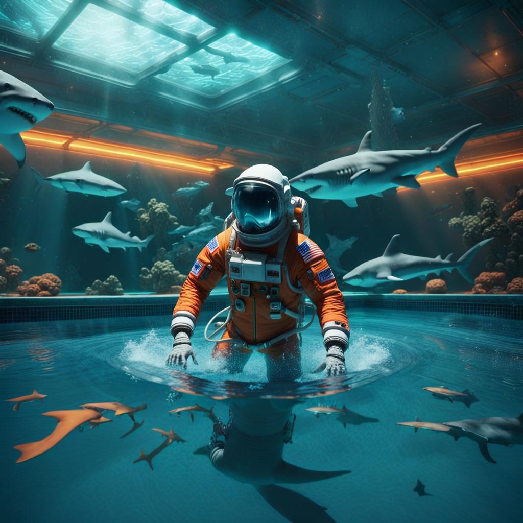 Astronaut and Shark in Pool: Digital Matte Painting