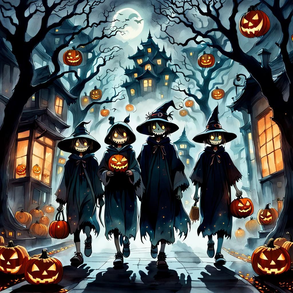 Halloween Trick-or-Treaters in Studio Ghibli Anime Style