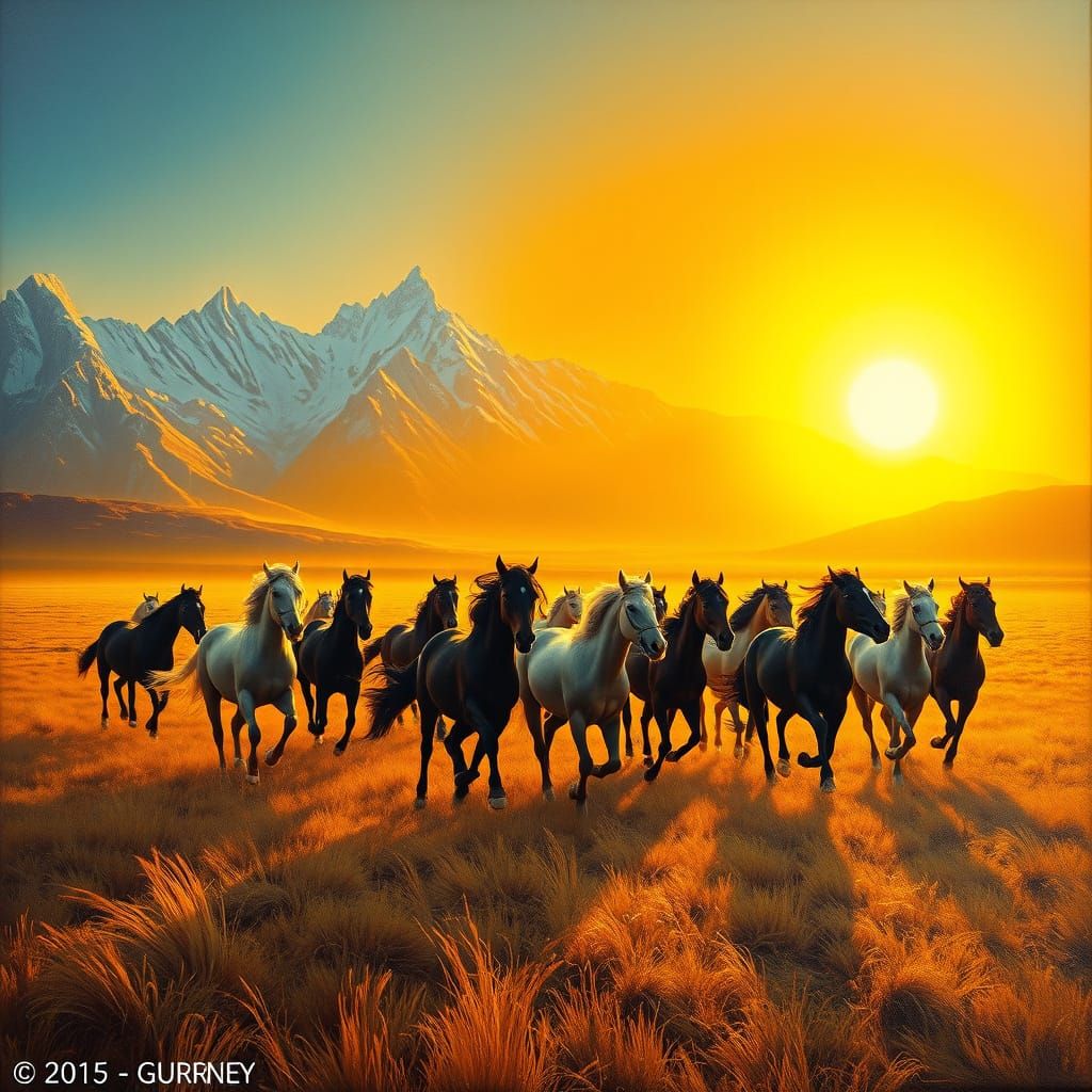 Wild Horses Gallop Across Golden Plains: Surreal Oil Paintin...