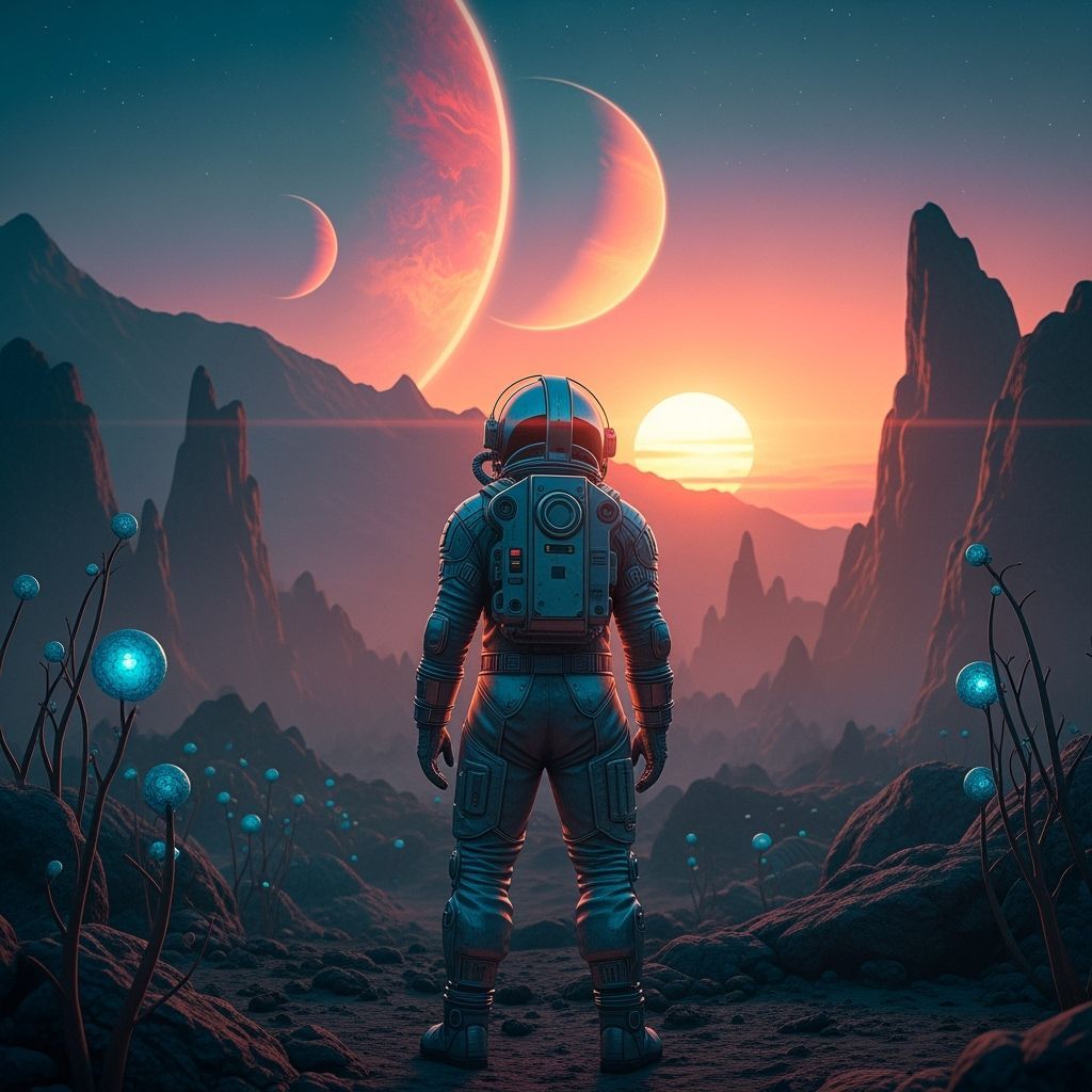 Astronaut on Alien Planet with Binary Sunset