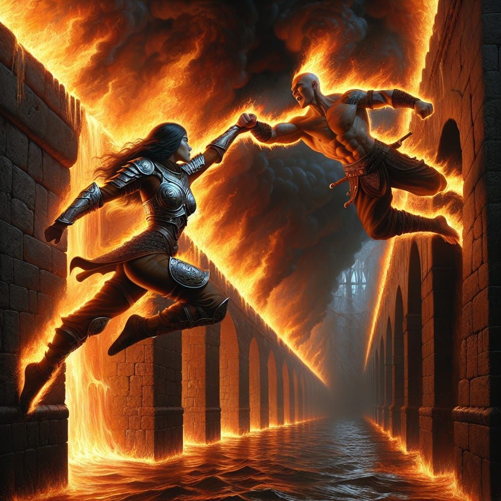 Barbarian's Leap Over Fiery River in Vintage Fantasy