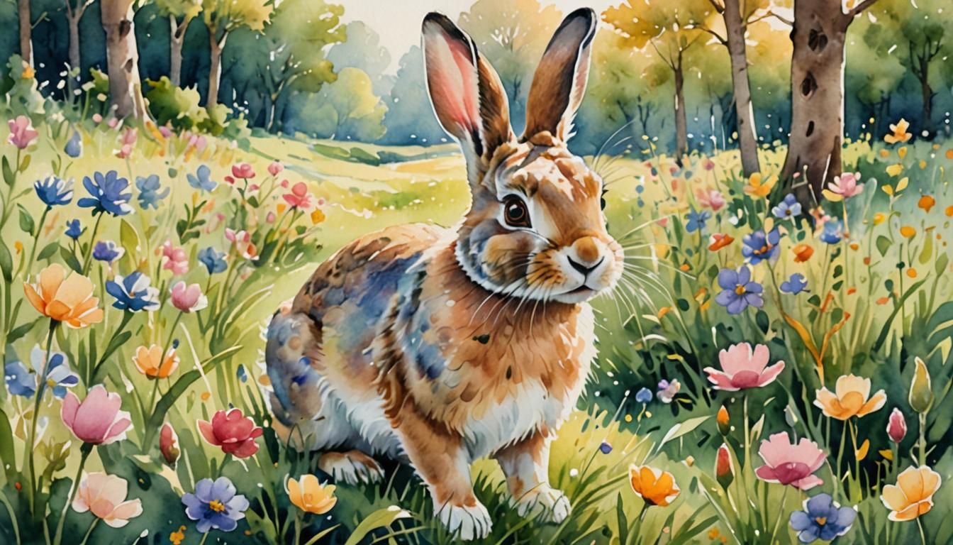 Whimsical Watercolor Rabbit Portrait in Sunny Meadow
