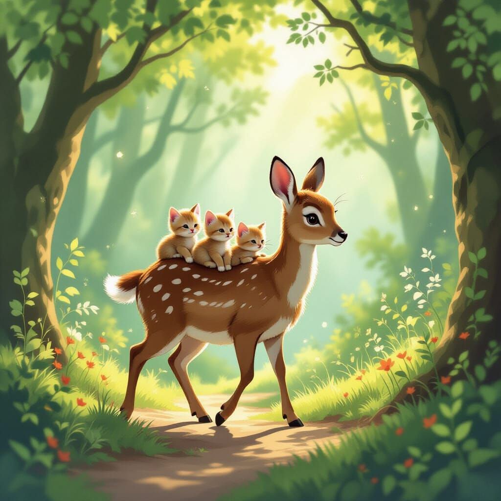 Doe Carries Kittens Through Enchanted Forest