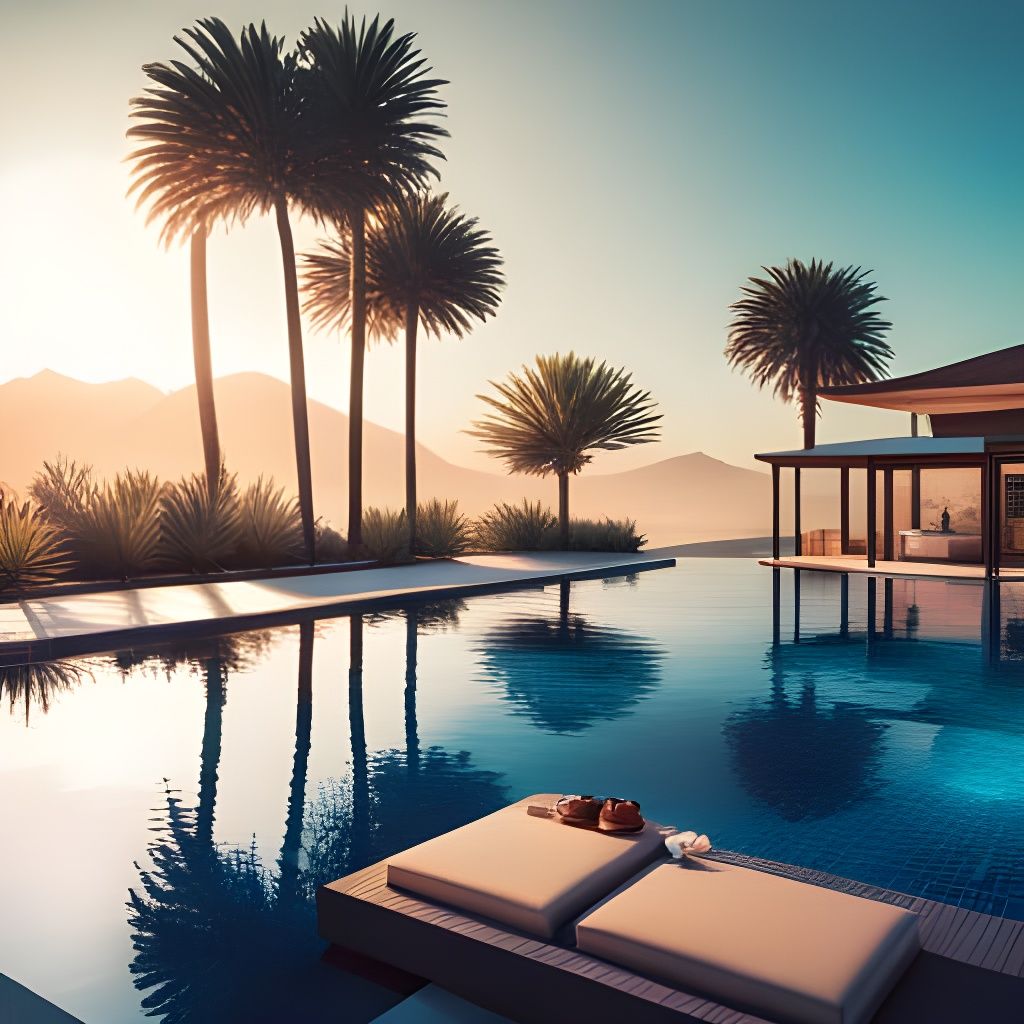 Tropical Swimming Pool at Pink Sunrise in 8K