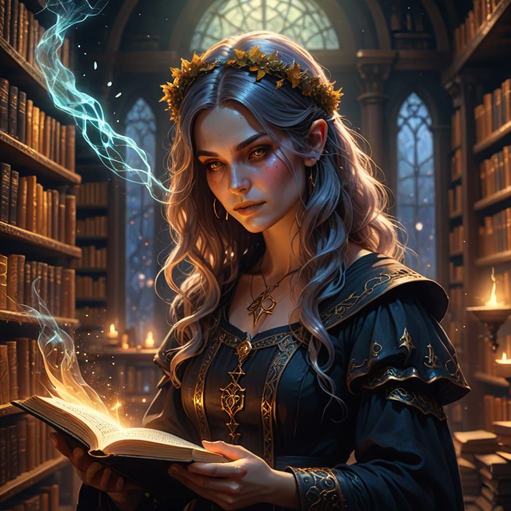 Enchanting Witch Holds Ancient Tome in Whimsical Library