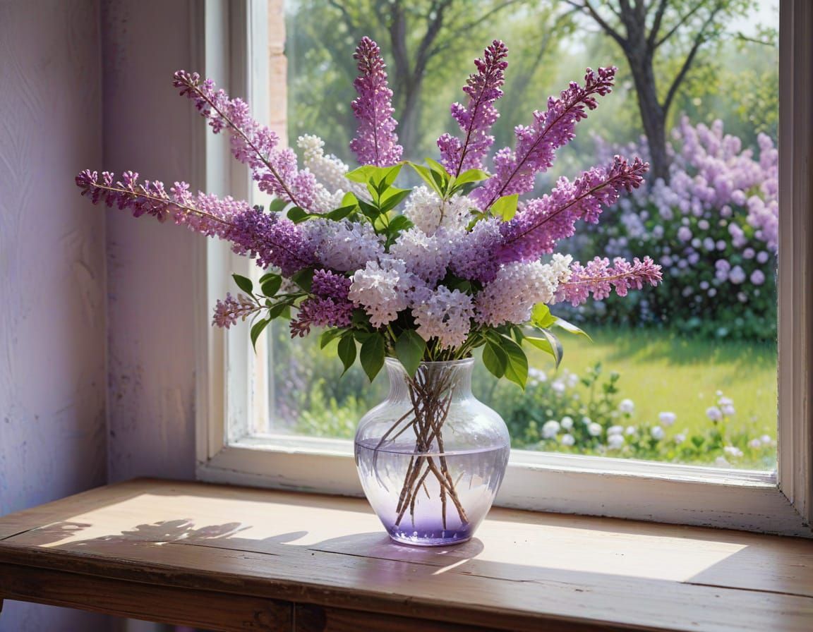 Aquarelle Painting of Vibrant Lilac Branch in a Garden Setti...