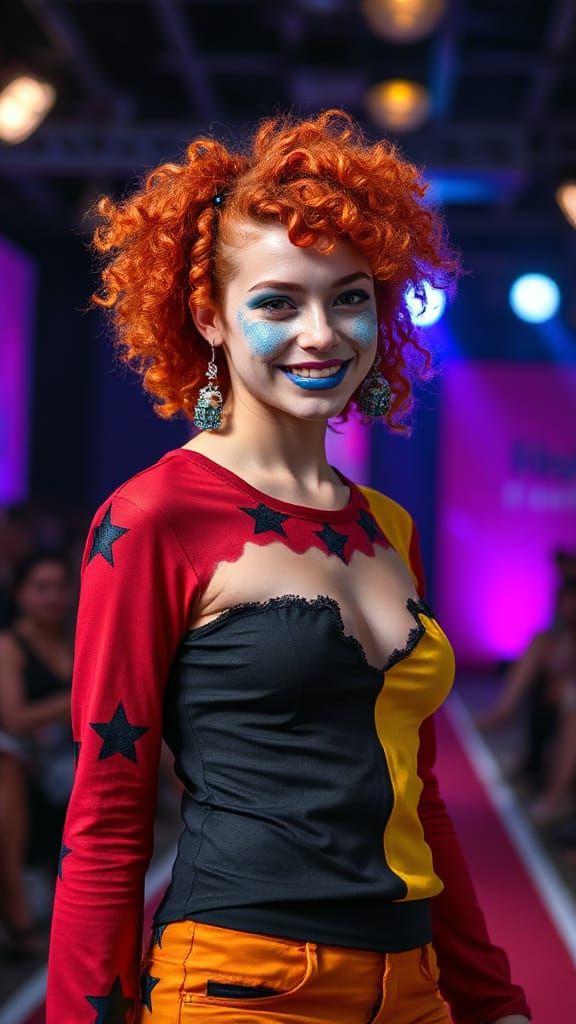 Model in Joker Makeup on Catwalk, Glamorous Portrait