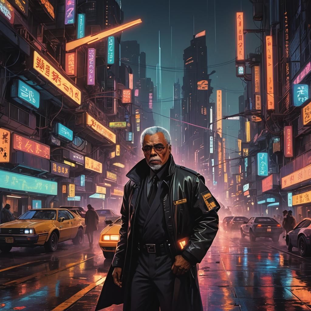 Cyberpunk James Earl Jones in Neo-Asian Cityscape