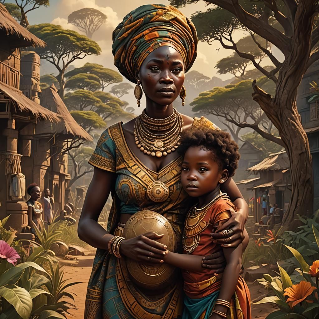 African Mother and Child: A Detailed Matte Painting