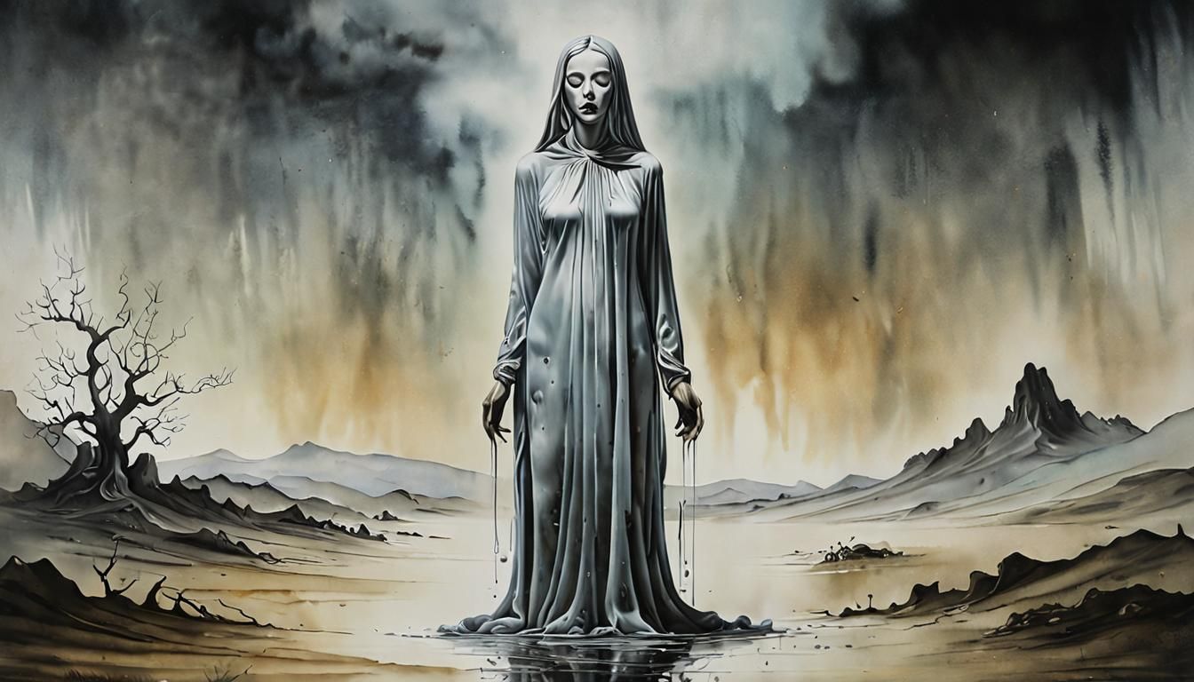 Ghostly Woman in a Surreal Desert Landscape