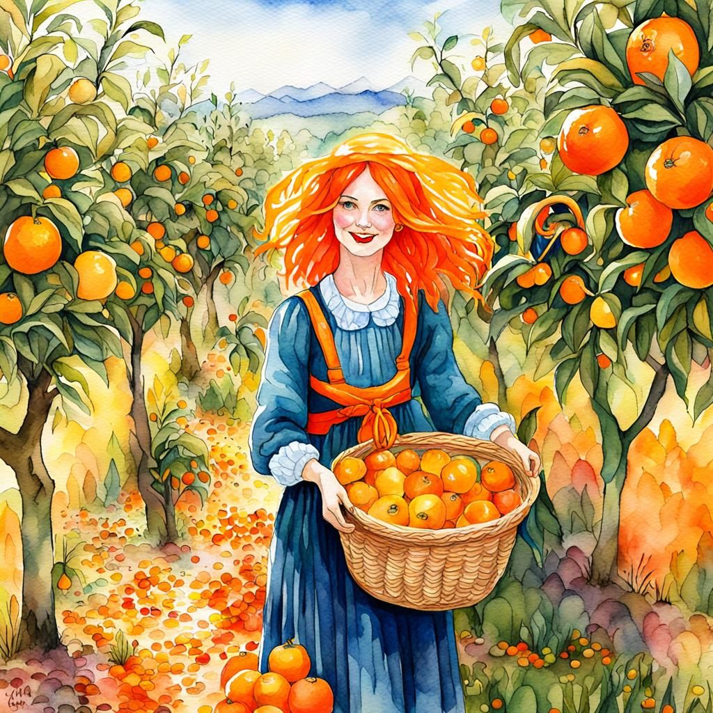 Woman Harvesting Oranges in Watercolor Fantasy Style