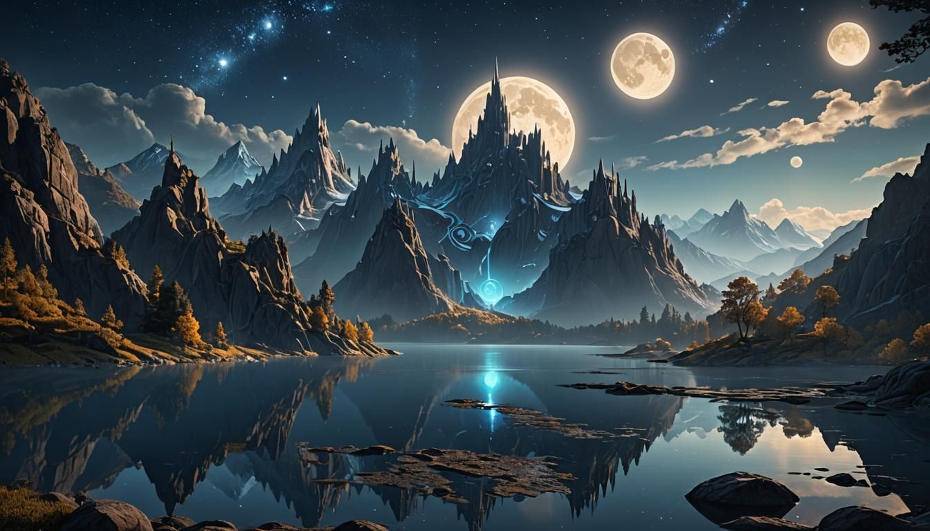 Enchanted Elven Script Illuminates Midnight Landscape