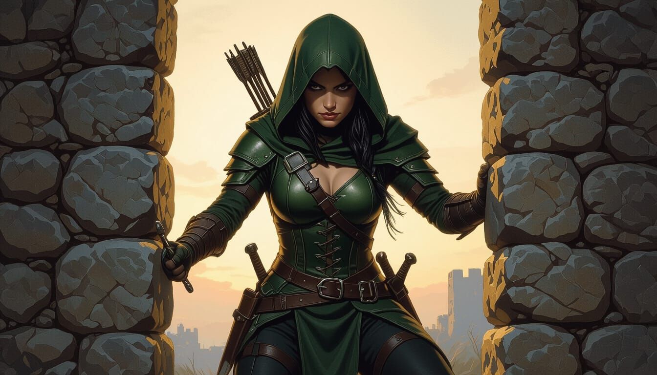 Halfling Rogue in Dark Green Armor at Dusk