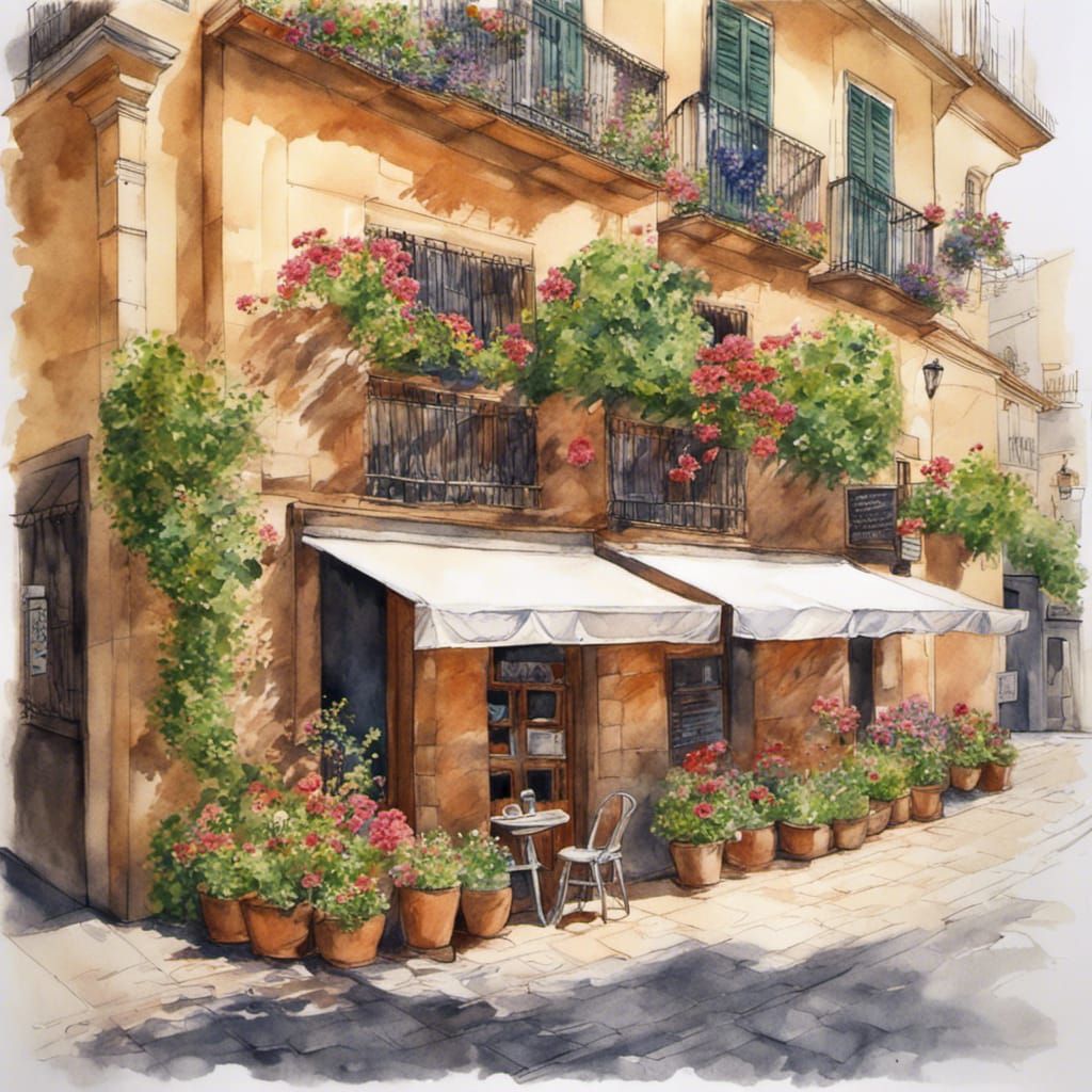 Charming Cafe in Cordoba: Watercolour Pencil Art