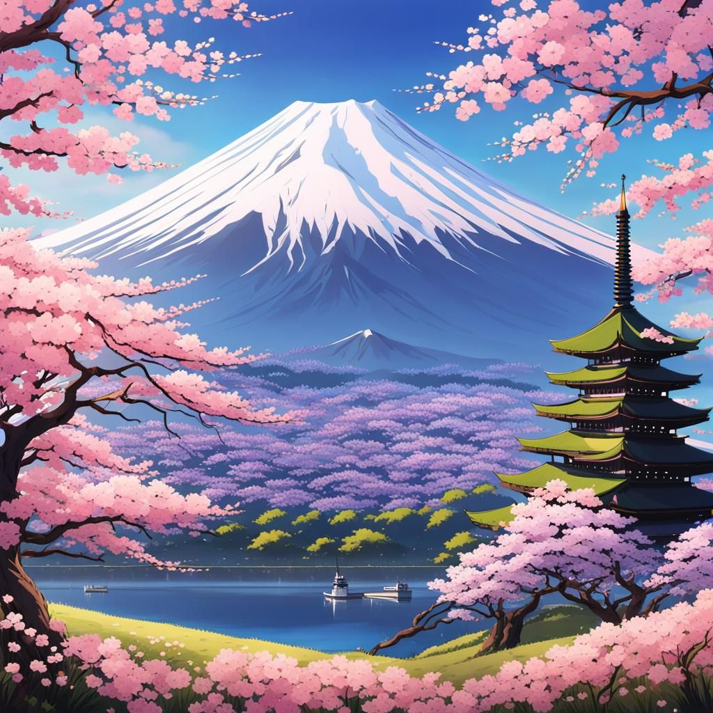 Cherry Blossoms Frame Mount Fuji: Anime Key Visual