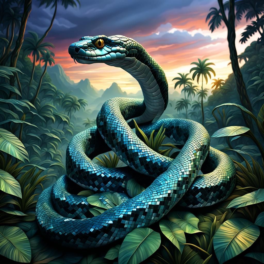 Metallic Mosaic Snake in Jungle at Dusk