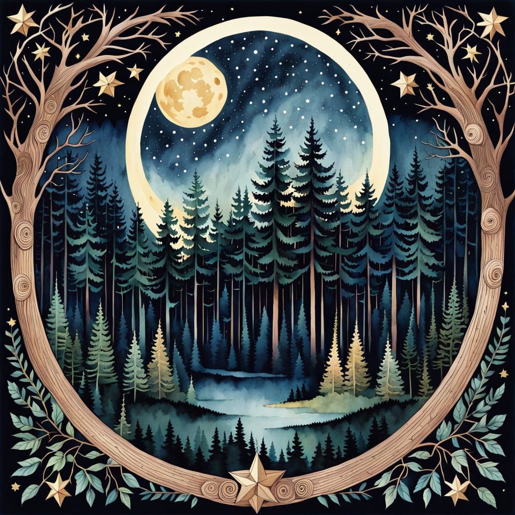 Whimsical Dark Evergreen Forest Scene in Vintage Watercolor ...